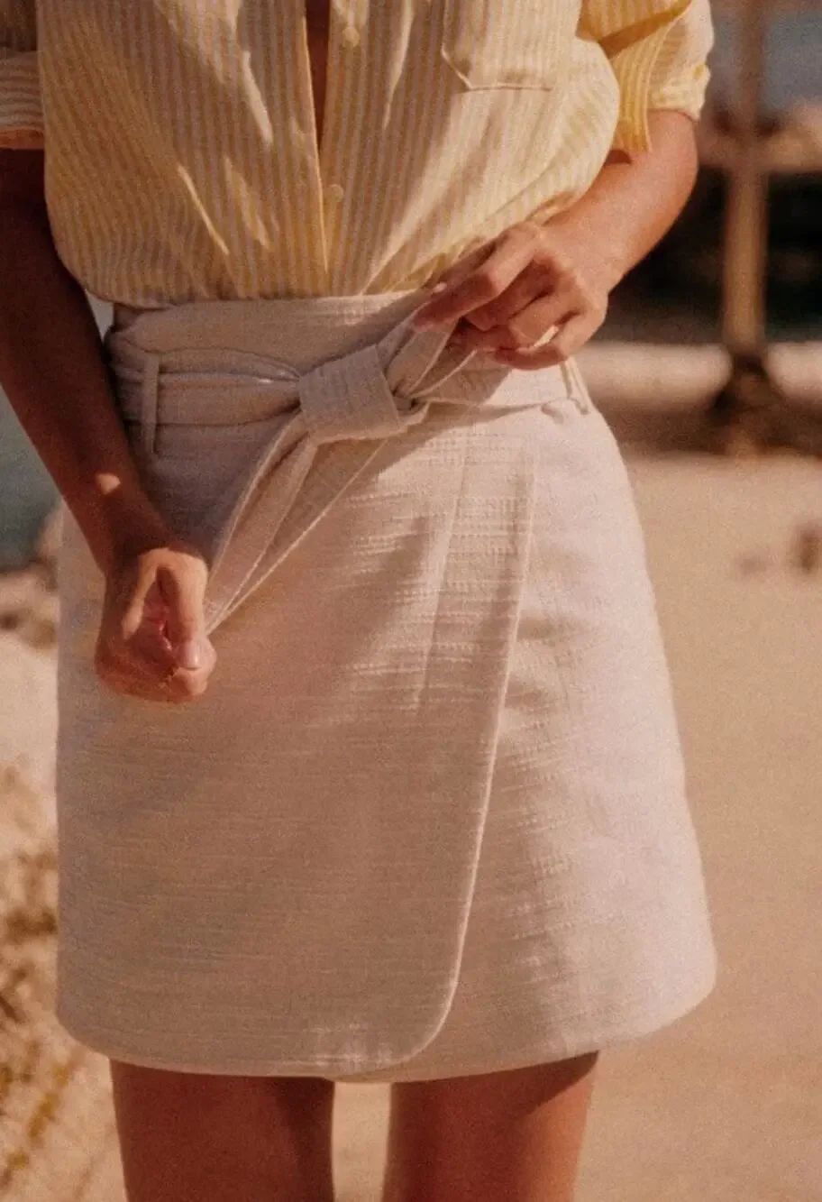 Sezane Leandra Wrap Mini Skirt NWT US 2 Ecru Belted Cotton Blend High Rise
